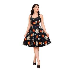 Dress Tells Womens S Halloween Dress Pumpkin Skull Ghost Halter Fit Flare Swing